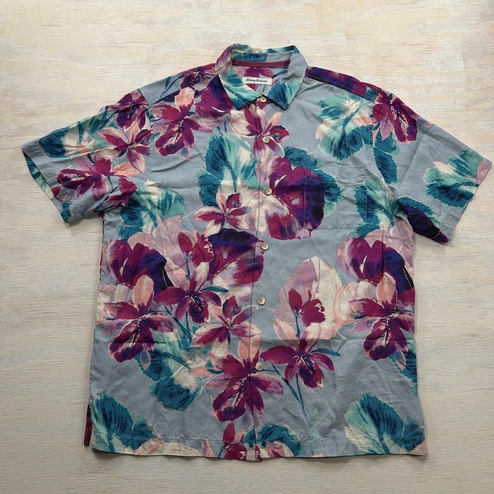 Tommy Bahama Shirt Large 100% Silk Tropical Floral Short Sleeve Blue Mens